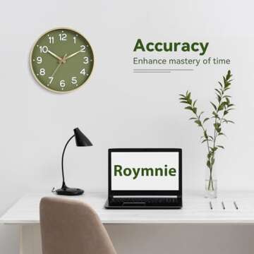 Roymnie Wall Clock Green, Silent Wall Clocks Battery Operated 8 Inch-Modern Non Ticking Analog Clock Decorative for Kitchen Office Bathroom Bedroom(Gold)