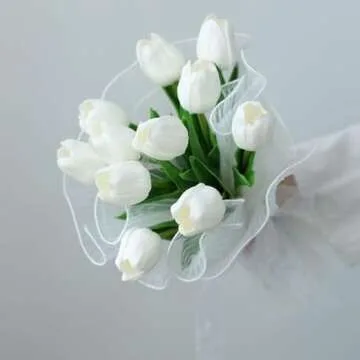 30pcs Real Touch Tulips PU Artificial Flowers, Fake Tulips Flowers for Arrangement Wedding Party Easter Spring Home Dining Room Office Decoration. (White, 14" Tall)
