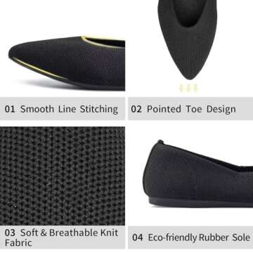 Frank Mully Womens Pointed Toe Flats Knit Dress Shoes Comfort Women Shoes Slip On Shoes for Woman Classic Softable Shoes Low Wedge Black Solid, 8.5