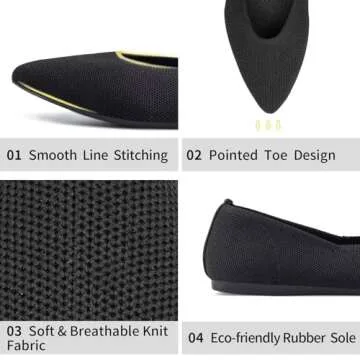 Frank Mully Womens Pointed Toe Flats Knit Dress Shoes Comfort Women Shoes Slip On Shoes for Woman Classic Softable Shoes Low Wedge Black Solid, 8.5