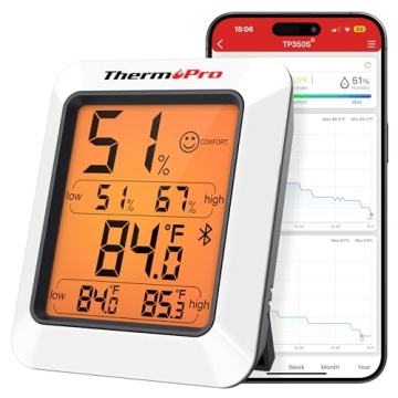 ThermoPro Hygrometer Thermometer TP350 - Accurate Bluetooth Indoor & Outdoor Monitor with Backlit Di...