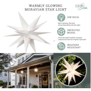 Elf Logic Large 12” Easy Assembly Warm White LED Moravian Star - Hanging Outdoor Christmas Light - Use as Holiday Decoration, Porch Light, 3D Fixture, Advent Star, Wedding & Ballroom Venue Decor