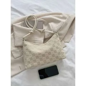 SweatyRocks Women's Hobo Purse Checkered Zip Up Shoulder Bag Casual Handbag Beige S