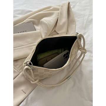 SweatyRocks Women's Hobo Purse Checkered Zip Up Shoulder Bag Casual Handbag Beige S