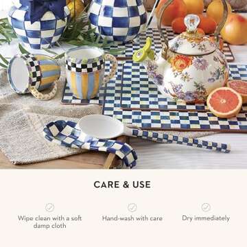 MACKENZIE-CHILDS Enamel Spoon Rest, Kitchen Utensil Rest and Spoon Holder, Kitchen Decor, Blue-and-White Royal Check