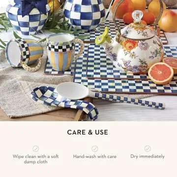 MACKENZIE-CHILDS Enamel Spoon Rest, Kitchen Utensil Rest and Spoon Holder, Kitchen Decor, Blue-and-White Royal Check