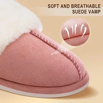 Parlovable Women's Slippers Fuzzy Warm Comfy Faux Fur Slip-on Fluffy Bedroom House Shoes Memory Foam Suede Cozy Plush Breathable Anti-Slip Indoor & Outdoor Winter Lotus Root Pink 9-10