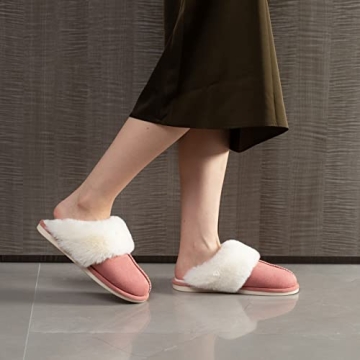 Parlovable Women's Slippers Fuzzy Warm Comfy Faux Fur Slip-on Fluffy Bedroom House Shoes Memory Foam Suede Cozy Plush Breathable Anti-Slip Indoor & Outdoor Winter Lotus Root Pink 9-10