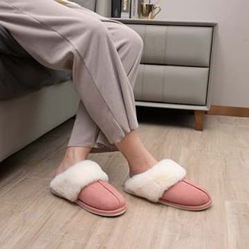 Parlovable Women's Slippers Fuzzy Warm Comfy Faux Fur Slip-on Fluffy Bedroom House Shoes Memory Foam Suede Cozy Plush Breathable Anti-Slip Indoor & Outdoor Winter Lotus Root Pink 9-10