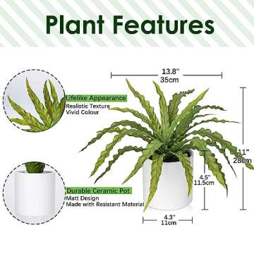 GnFlus Artificial Fern Plant in Ceramic Pot, 11 Inch Fake Bird’s Nest Ferns Plants Faux Potted Fer...