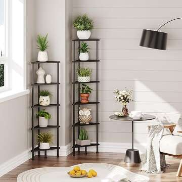 HOOBRO Corner Shelf Stand, Industrial 6-Tier Corner Bookshelf with Metal Frame, Bookcase, Plant Disp...