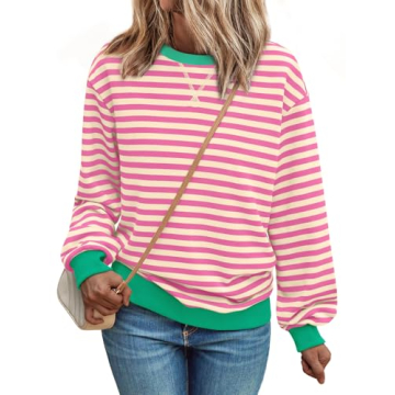 Trendy Queen Sweatshirts for Women 2024 Fall Crewneck Striped Long Sleeve Shirts Preppy Tops Y2K Win...