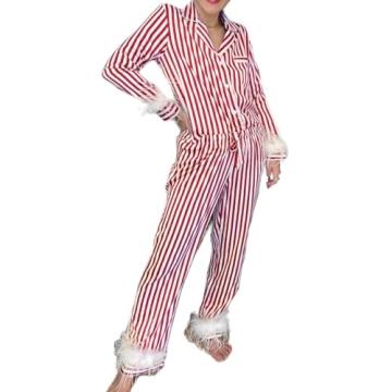 Thopavenoir Christmas Pajamas Set for Women Satin Silk Feather Trim Pajamas Outfits Long Sleeve Sant...