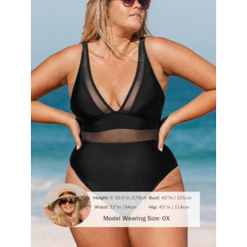 CUPSHE V Neck Mesh Sheer Plus Size One Piece Swimsuit