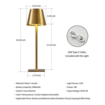 KDG 2 Pack Cordless Table Lamp,Portable LED Desk Lamp, 5000mAh Battery Operated, 3 Color Stepless Dimming Up, for Restaurant/Bedroom/Bars/Outdoor Party/Camping/Coffee Shop Night Light(Gold)