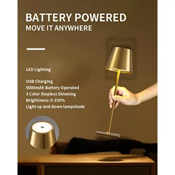 KDG 2 Pack Cordless Table Lamp,Portable LED Desk Lamp, 5000mAh Battery Operated, 3 Color Stepless Dimming Up, for Restaurant/Bedroom/Bars/Outdoor Party/Camping/Coffee Shop Night Light(Gold)