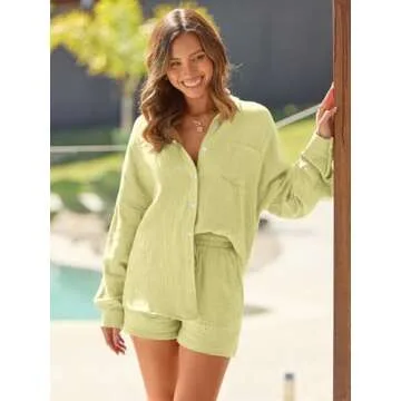 AUTOMET 2 Piece Sets For Women Lounge Wear Matching Two Piece Pajama Fashion Oversized Shirts And Shorts Spring Outfit 2025 01Yellow S