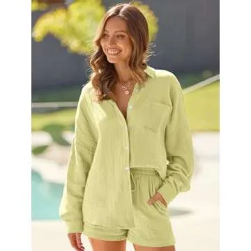 AUTOMET 2 Piece Sets For Women Lounge Wear Matching Two Piece Pajama Fashion Oversized Shirts And Shorts Spring Outfit 2025 01Yellow S