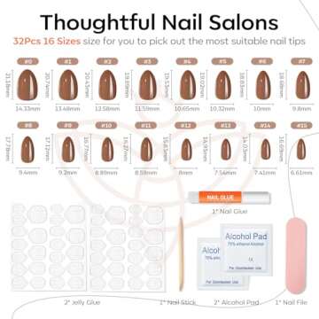 Modelones 32Pcs Fall Press on Nails Almond, Upgrade Short Chrome Brown Fake Nails, Reusable Nail Kit with Nail Glue Adhesive Tabs Mini Nail File, Nails Press Ons 16 Sizes