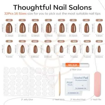 Modelones 32Pcs Fall Press on Nails Almond, Upgrade Short Chrome Brown Fake Nails, Reusable Nail Kit with Nail Glue Adhesive Tabs Mini Nail File, Nails Press Ons 16 Sizes