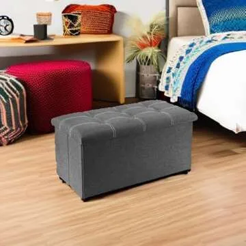 YOUDENOVA 30 inches Folding Storage Ottoman, Ottoman with Storage Footrest Seat Support 350lbs, Storage Bench for Living Room Bedroom, Linen Fabric Grey