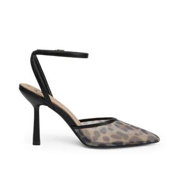 QIY Leopard Print Mesh Heels - Women's Pumps with Ankle Strap, Pointy Toe, Slingback & Kitten Heel O...