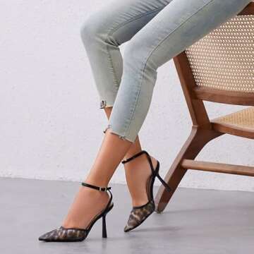 QIY Leopard Print Mesh Heels - Women's Pumps with Ankle Strap, Pointy Toe, Slingback & Kitten Heel Options, Size 9