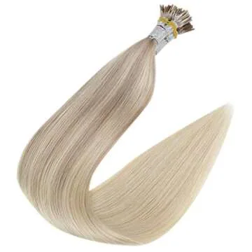 Keratin Beads I Tip Human Hair Extensions 16 Inch Nordic Ombre Balayage Color 18 Fading To 22 And 60 Platinum Blonde Pre bonded I Tip Hair 1 Gram Per Strand 50 Gram Per Package