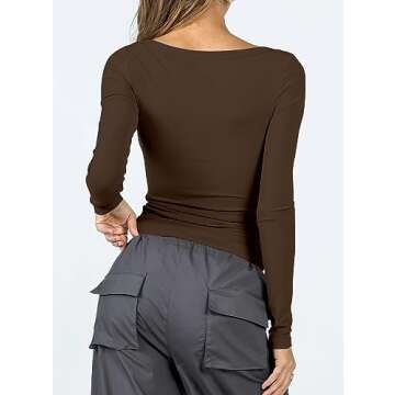 Darong Women's Classic Fit Long Sleeve Square Neck T Shirt Y2K Tight Tshirts 9027 Coffee Medium