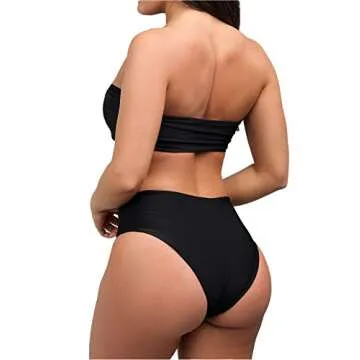 FITTOO Women Bandeau 2 Piece Set Bikini Set Crop Top Solid Color Strapless Plus Size Swimsuit High Waist S
