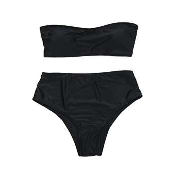 FITTOO Women Bandeau 2 Piece Set Bikini Set Crop Top Solid Color Strapless Plus Size Swimsuit High Waist S