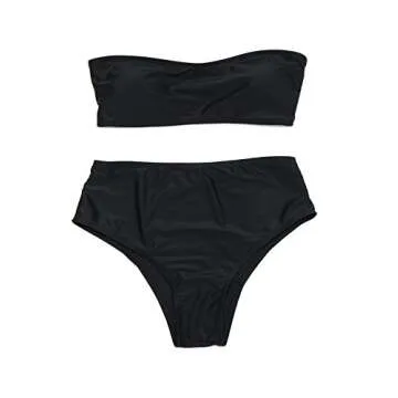FITTOO Women Bandeau 2 Piece Set Bikini Set Crop Top Solid Color Strapless Plus Size Swimsuit High Waist S