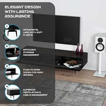 SONOROUS ST-360 Premium TV Stand for Living Room - Luxury Wood & Glass Media Console with Metal Legs - Modern TV & Media Furniture with Storage - Black TV Table Support up to 75" - Black Glass Cover