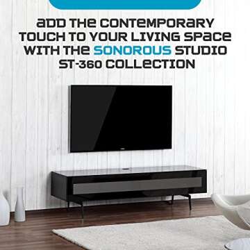 SONOROUS ST-360 Premium TV Stand for Living Room - Luxury Wood & Glass Media Console with Metal Legs - Modern TV & Media Furniture with Storage - Black TV Table Support up to 75" - Black Glass Cover