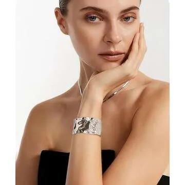 WOWORAMA Silver Hammered Cuff Bracelet for Women Boho Chunky Wide Open Bangles Vintage Silver Statement Bracelet Adjustable Wrist Arm Cuff Bracelets