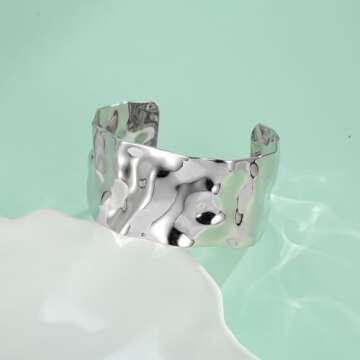 WOWORAMA Silver Hammered Cuff Bracelet for Women Boho Chunky Wide Open Bangles Vintage Silver Statement Bracelet Adjustable Wrist Arm Cuff Bracelets