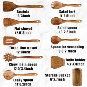 FJNATINH Wooden Spoons for Cooking, 10 Pcs Teak Wooden Cooking Utensil Set with Holder, Wooden Kitch...