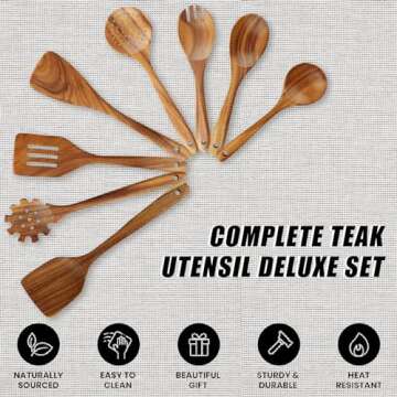 Durable Teak Wooden Cooking Utensil Set - 10 Pcs