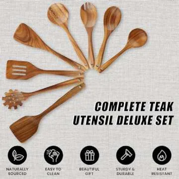 Durable Teak Wooden Cooking Utensil Set - 10 Pcs