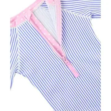 RuffleButts® Girls Long Sleeve One Piece Swimsuit - Periwinkle Blue Seersucker with UPF 50+ Sun Protection - 4T