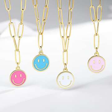 KDIZI Smiley Face Necklaces,Pink Necklace Gold Stainless Steel Paperclip Chain Simple Round Smile Necklace Preppy Jewelry for Women
