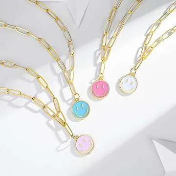 KDIZI Smiley Face Necklaces,Pink Necklace Gold Stainless Steel Paperclip Chain Simple Round Smile Necklace Preppy Jewelry for Women