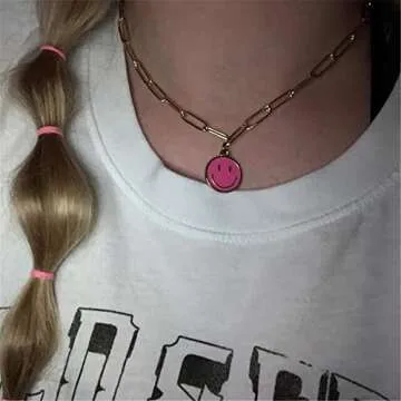 KDIZI Smiley Face Necklaces,Pink Necklace Gold Stainless Steel Paperclip Chain Simple Round Smile Necklace Preppy Jewelry for Women