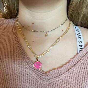 KDIZI Smiley Face Necklaces,Pink Necklace Gold Stainless Steel Paperclip Chain Simple Round Smile Necklace Preppy Jewelry for Women