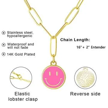 KDIZI Smiley Face Necklaces,Pink Necklace Gold Stainless Steel Paperclip Chain Simple Round Smile Necklace Preppy Jewelry for Women