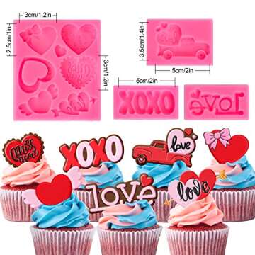 Whaline 4Pcs Valentine's Day Fondant Molds Heart Rose Truck Pattern 3D Silicone Mould Love XOXO Resi...