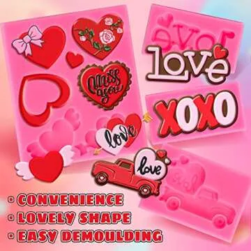 Whaline 4Pcs Valentine's Day Fondant Molds Heart Rose Truck Pattern 3D Silicone Mould Love XOXO Resin Mold Cupcake Cookie Baking Decorating Mould for Wedding Anniversary Mother's Day DIY Candy