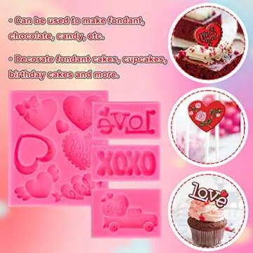 Whaline 4Pcs Valentine's Day Fondant Molds Heart Rose Truck Pattern 3D Silicone Mould Love XOXO Resin Mold Cupcake Cookie Baking Decorating Mould for Wedding Anniversary Mother's Day DIY Candy