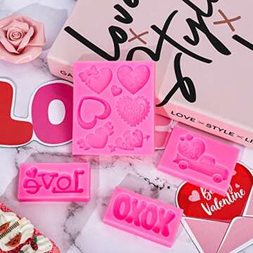 Whaline 4Pcs Valentine's Day Fondant Molds Heart Rose Truck Pattern 3D Silicone Mould Love XOXO Resin Mold Cupcake Cookie Baking Decorating Mould for Wedding Anniversary Mother's Day DIY Candy