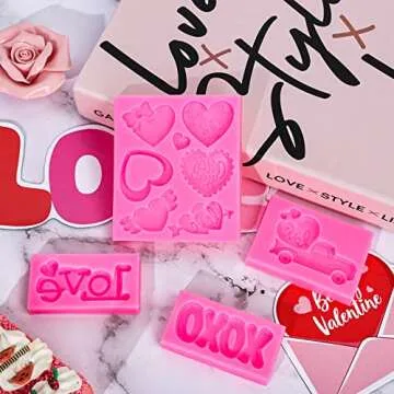 Whaline 4Pcs Valentine's Day Fondant Molds Heart Rose Truck Pattern 3D Silicone Mould Love XOXO Resin Mold Cupcake Cookie Baking Decorating Mould for Wedding Anniversary Mother's Day DIY Candy